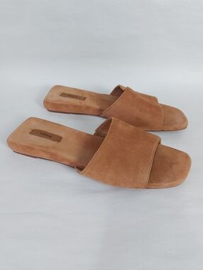 Vince Garth Comfort Squaretoe Open Toe Slide Sandals Tan Suede Leather Flats